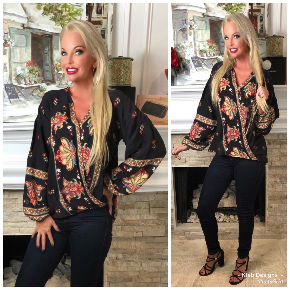 LAST 1! ❤️Surplice Tribal Border Printed Hi Lo Top - Picture 7 of 9